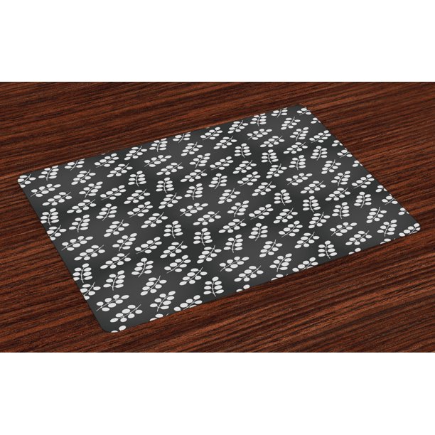 Grey and White Placemats Set of 4 Abstract Leaves of Deciduous Trees