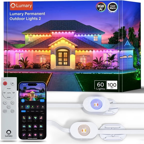 Lumary Permanent Outdoor Lights with Remote Slide-Base 100ft Smart RGBAICW Waterproof LED String Lights 60 LEDs