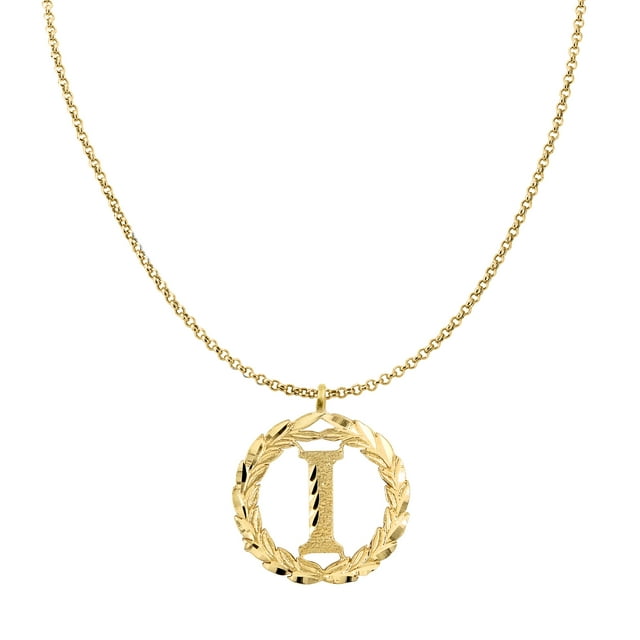 Precious Stars 14K Yellow Gold Round Wreath Initial Letter 'I' Pendant with 16" Chain Necklace