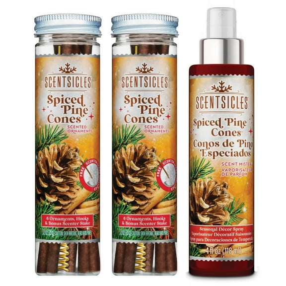Scentsicles Spiced Pine Cones Scented Christmas Tree Ornaments - 2 Bottles (12 Sticks Total) and 1 Bottle of Scent Mister Spray
