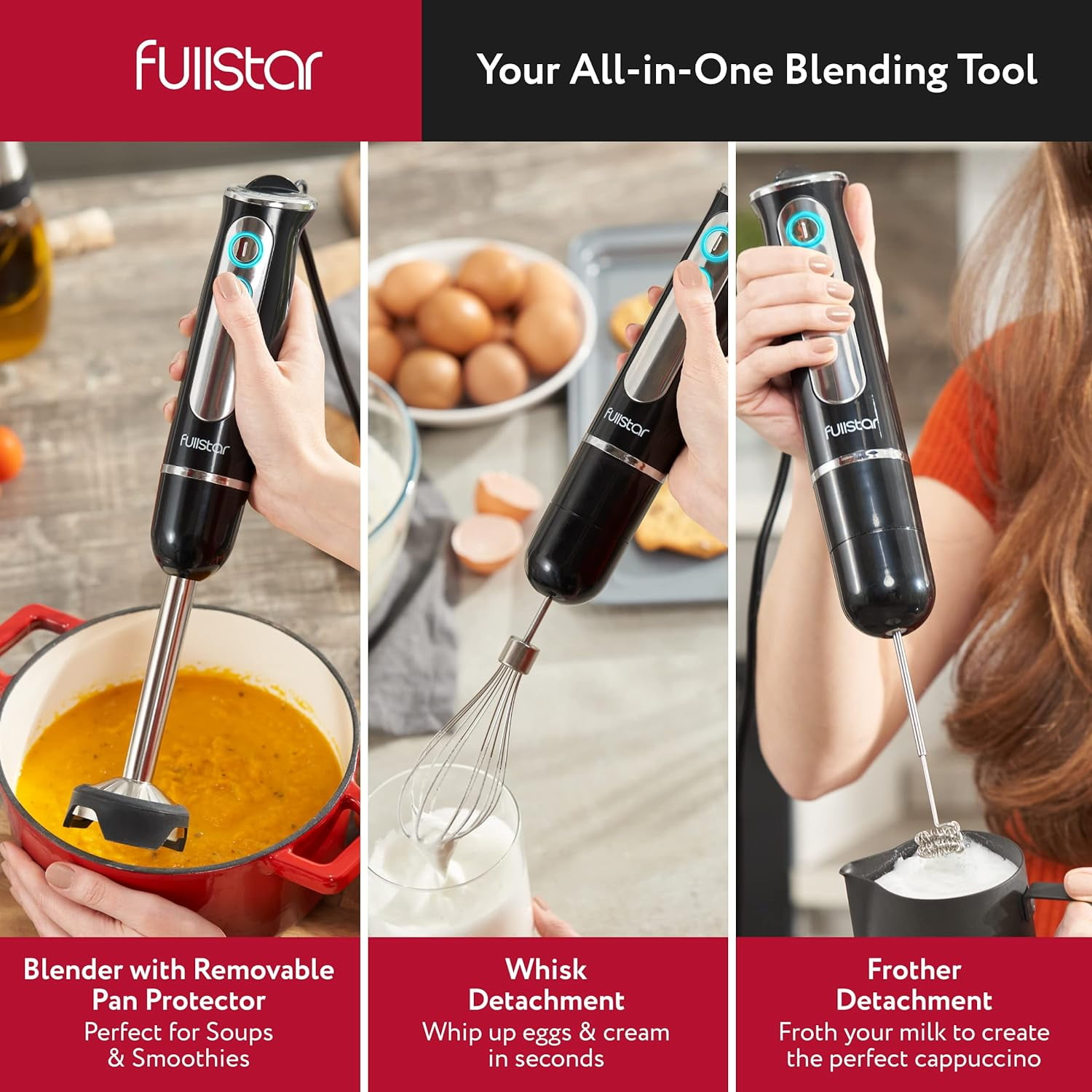 Fullstar - Handheld Electric Immersion Blender, 9-Speed, Hand Mixer for Kitchen - 3-in-1, Black