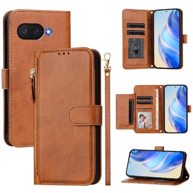 Étui pour Google Pixel 9A avec Poche Zippée, Portefeuille Magnétique à Rabat avec 7 Emplacements pour Cartes et Dragonne