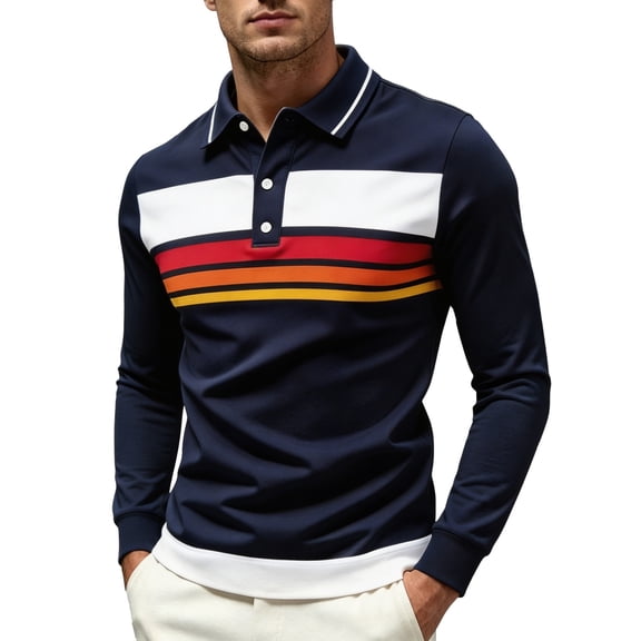 XFeng Men Striped Long Sleeve Polo Shirt Contrast Collar Casual Golf Top