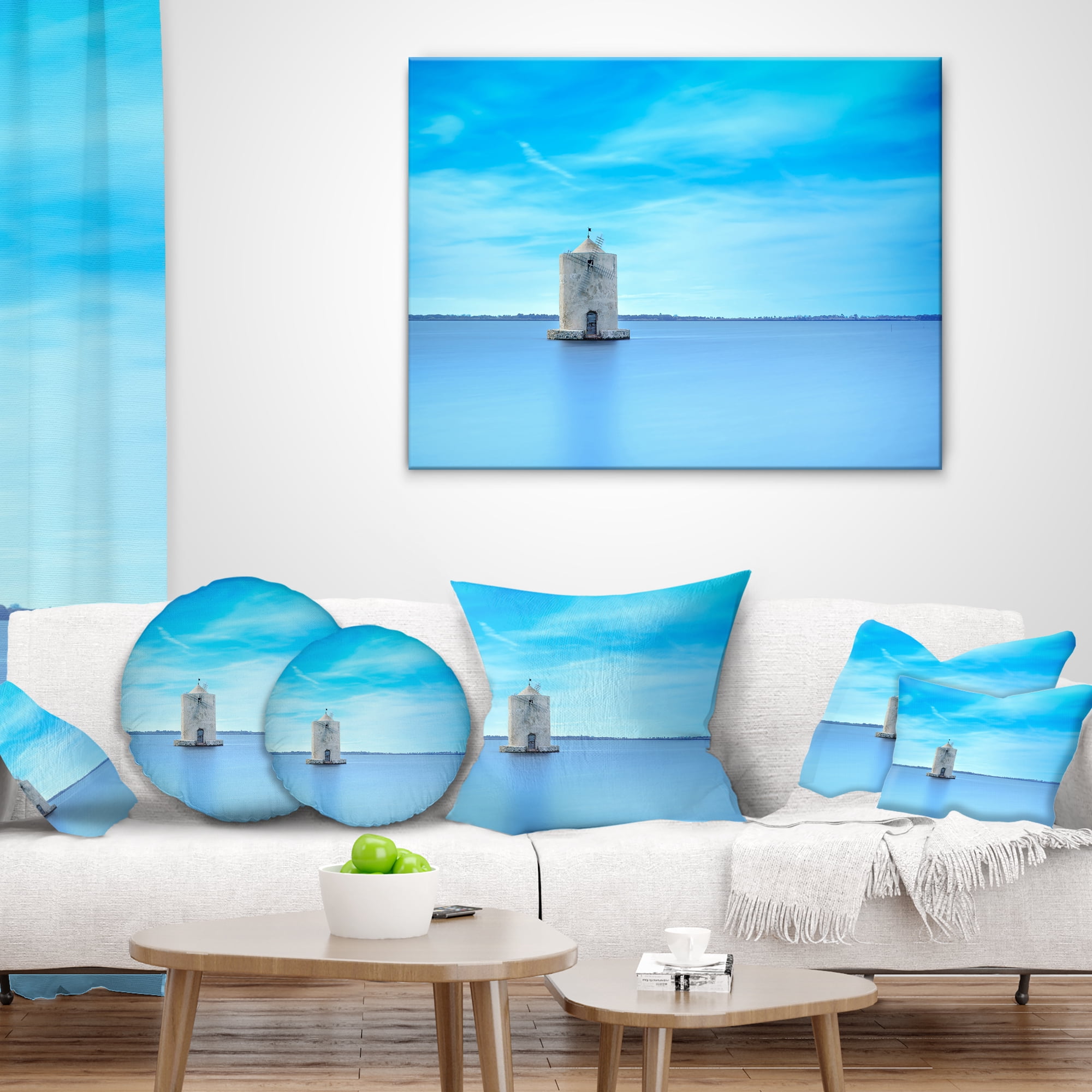 Designart Old Spanish Windmill in Blue Lagoon - Seashore Throw Pillow - 18x18