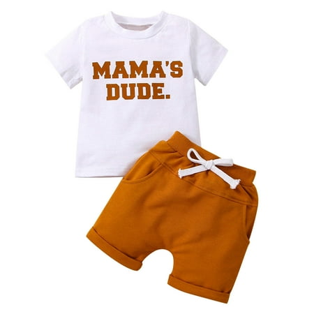 

MELDVDIB Toddler Baby Boy Shorts Sets Newborn Summer Outfit Infant Kid Cute Letter Print Contrast Color Short Sleeve Shirt Top + Elastic Waist Shorts Suits on Clearance