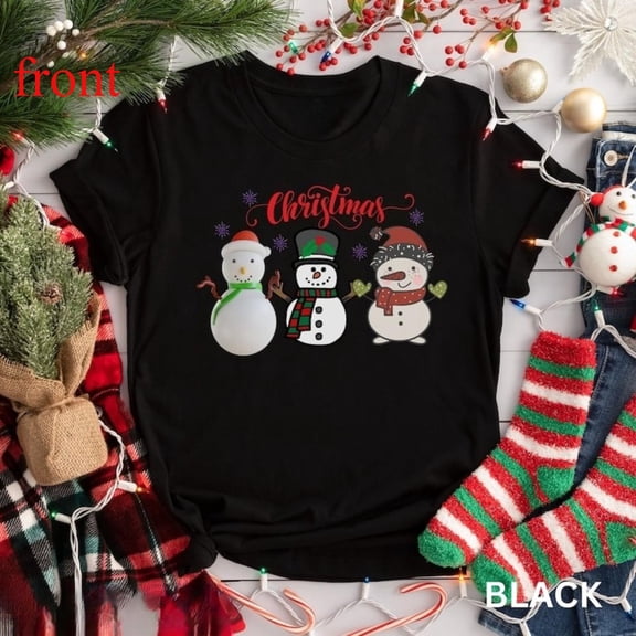 Snowman Christmas Tee T Shirt Graphic Tees Tops Lights Cute Holiday Design Short Sleeve Round Neck Black S-5XL