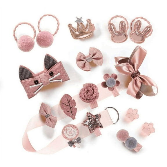 Set of 18 Headwear hair clips accessories Baby Girl Toddler Newborn knot bows crown barrettes elastic Band Valentine day princess Pink