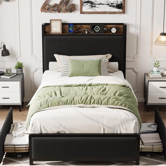 Senfot Twin Size Bed Frame with 2 Storage Drawers and Charging Station,Rustic Linen Upholstered Platform Bedframe with Storage Headboard,No Box Spring Needed,Heavy Duty,Noise Free,Easy Assembly,Black