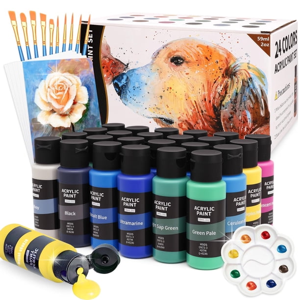 24 Colores Pinturas Acrilicas, Kit Pintura Acrilica, Pintura Acrilica Profesional, Juego de Pinturas Acrilicas 59ml, 24 Colores (59ml) + 10 Pinceles y 5 Hojas de Papel, Ideal para Arte en Vidrio, Tela