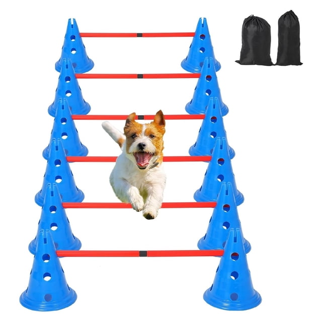 Ourlova Dog Agile Hurdle Cone Set - Dog Training Agile Equipment with Height Adjustable Crossbar for Beginners Advanced - Dog Obstacle Courses with 12 Cones 6 Agile Rods Carry Bag