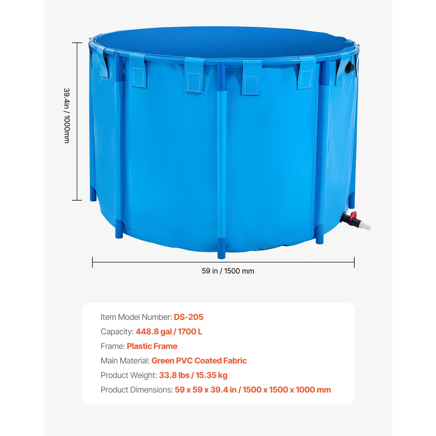 KFFKFF Portable Fish Pond, 448.8 Gal Volume, Above Ground, Collapsible PVC Koi Pool, Circular Goldfish Habitat with Robust Frame and Drain Valve, Suitable for Aquaculture, Koi Propagation