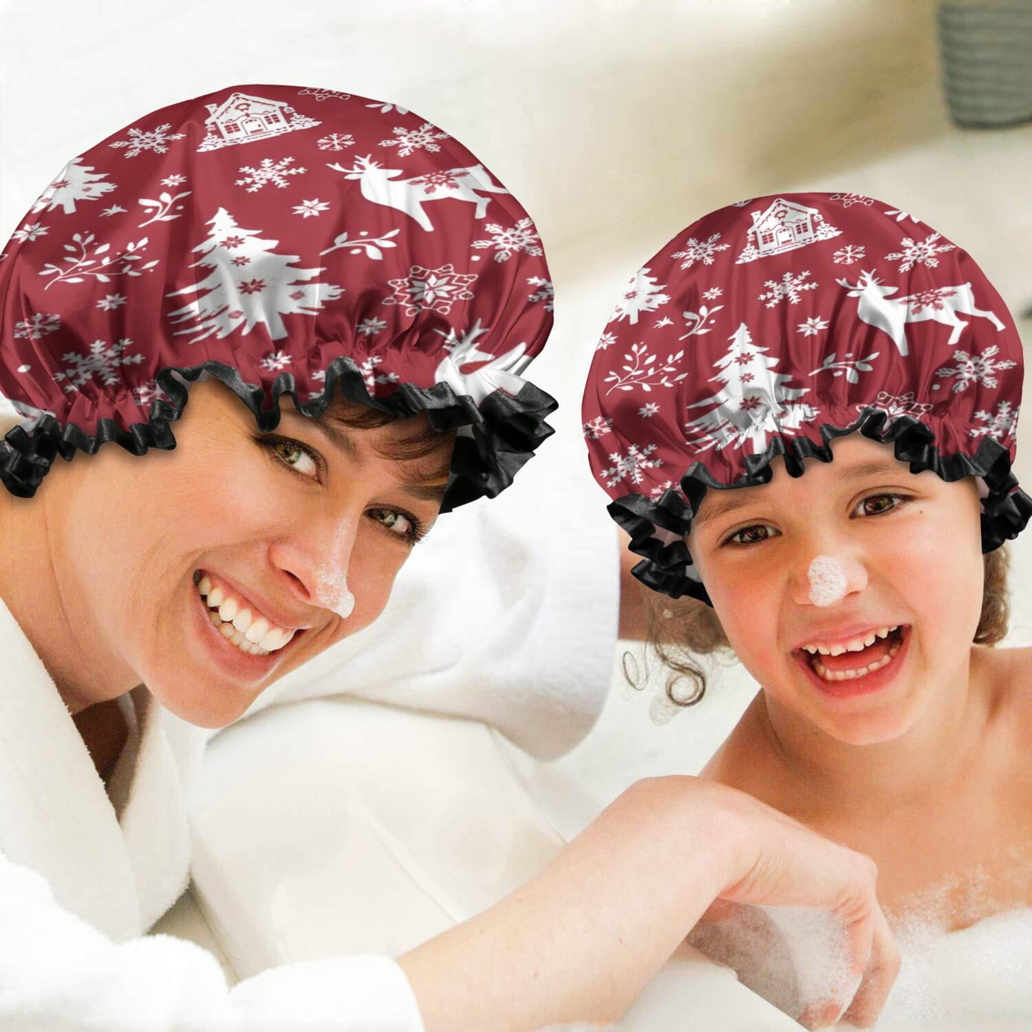 Shower Caps,Red Christmas Tree and Deer Pattern Waterproof Shower Cap for Women 4 Pieces,Double Reusable Hair Cover for Shower PEVA Elastic Stretch Hem