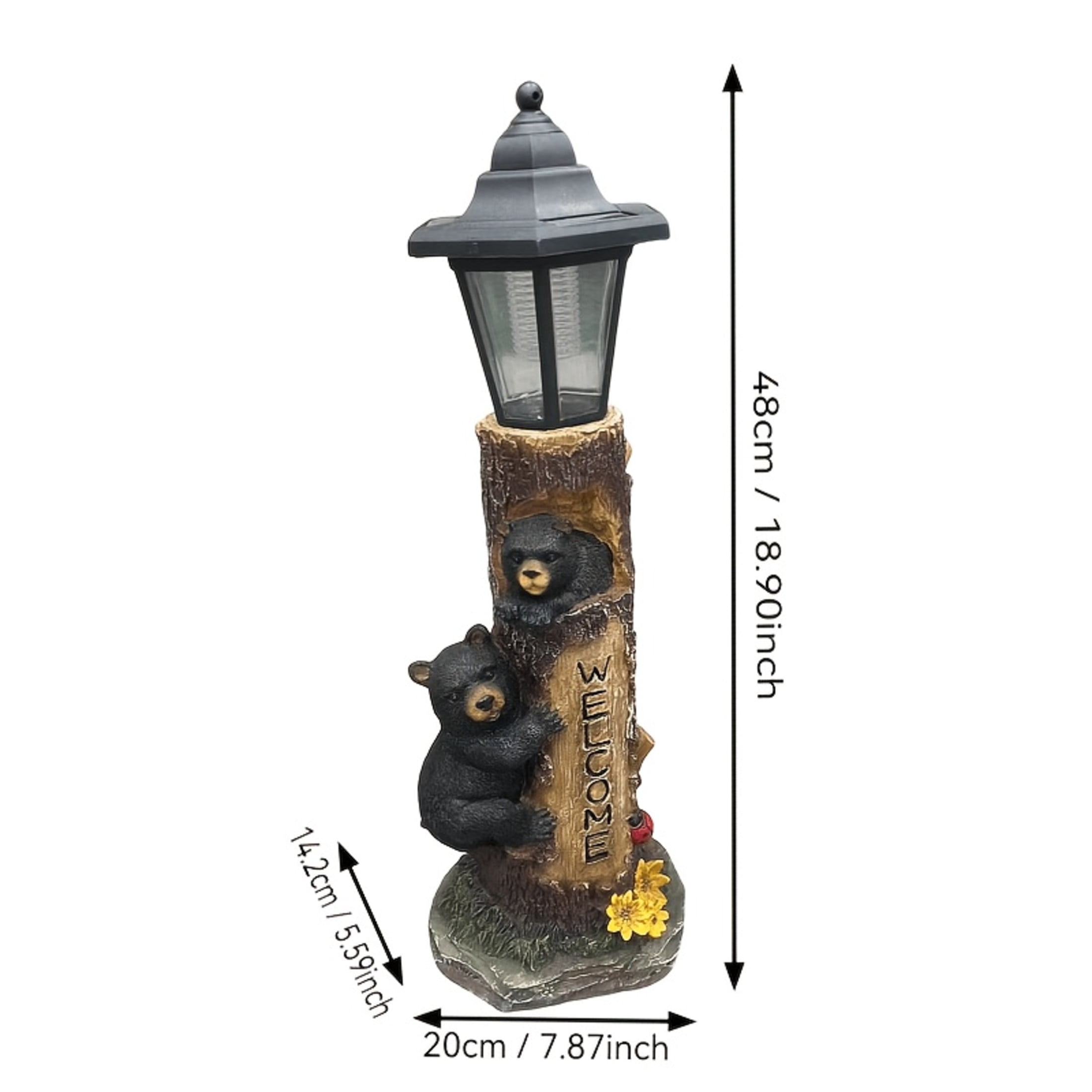 GDF Studio 18" Bear Family Tree Statue with Solar-Powered Light and Welcome Sign for Courtyard, Garden and Patio, Brown