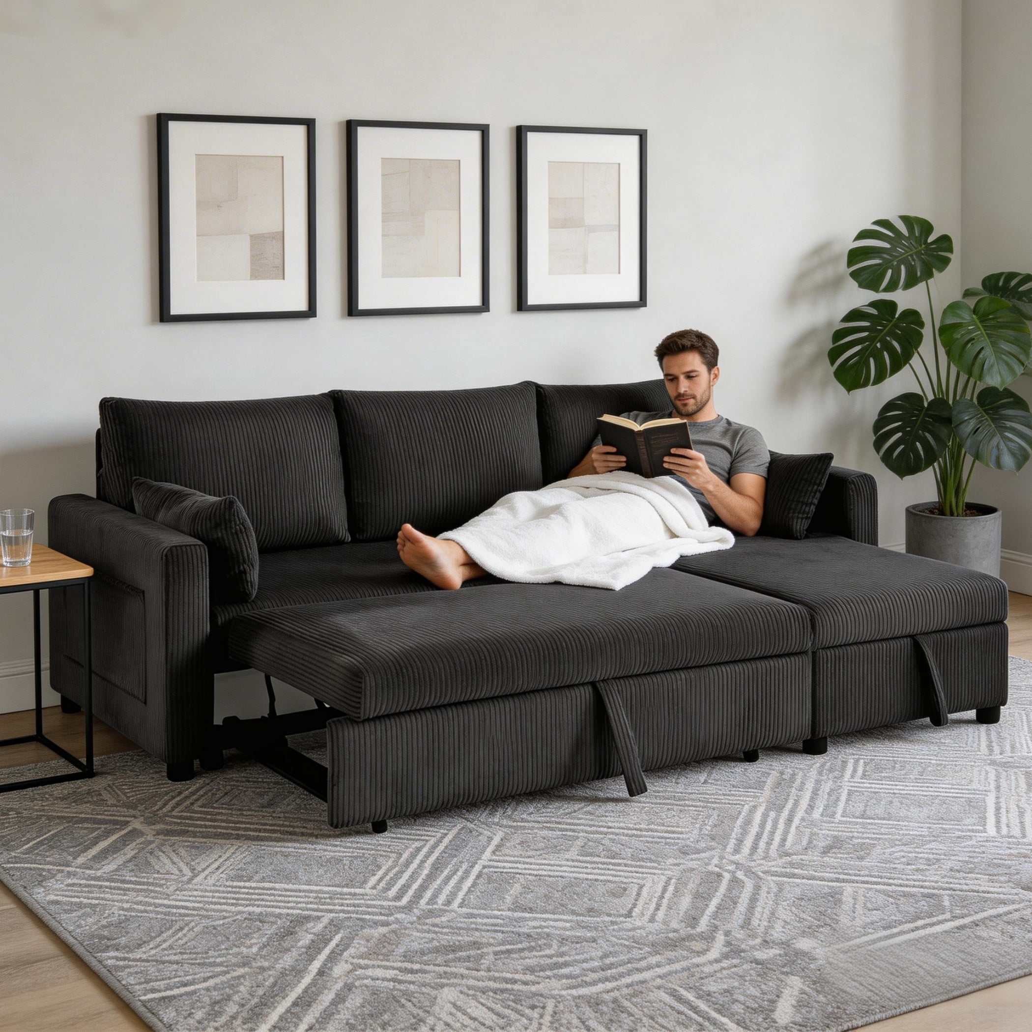BSHTI L-Shaped Pull-Out Sleeper Sofa Bed with Storage Chaise, 3-Seater Convertible Corduroy Sectional Couch, Solid Wood & Iron Frame, Black