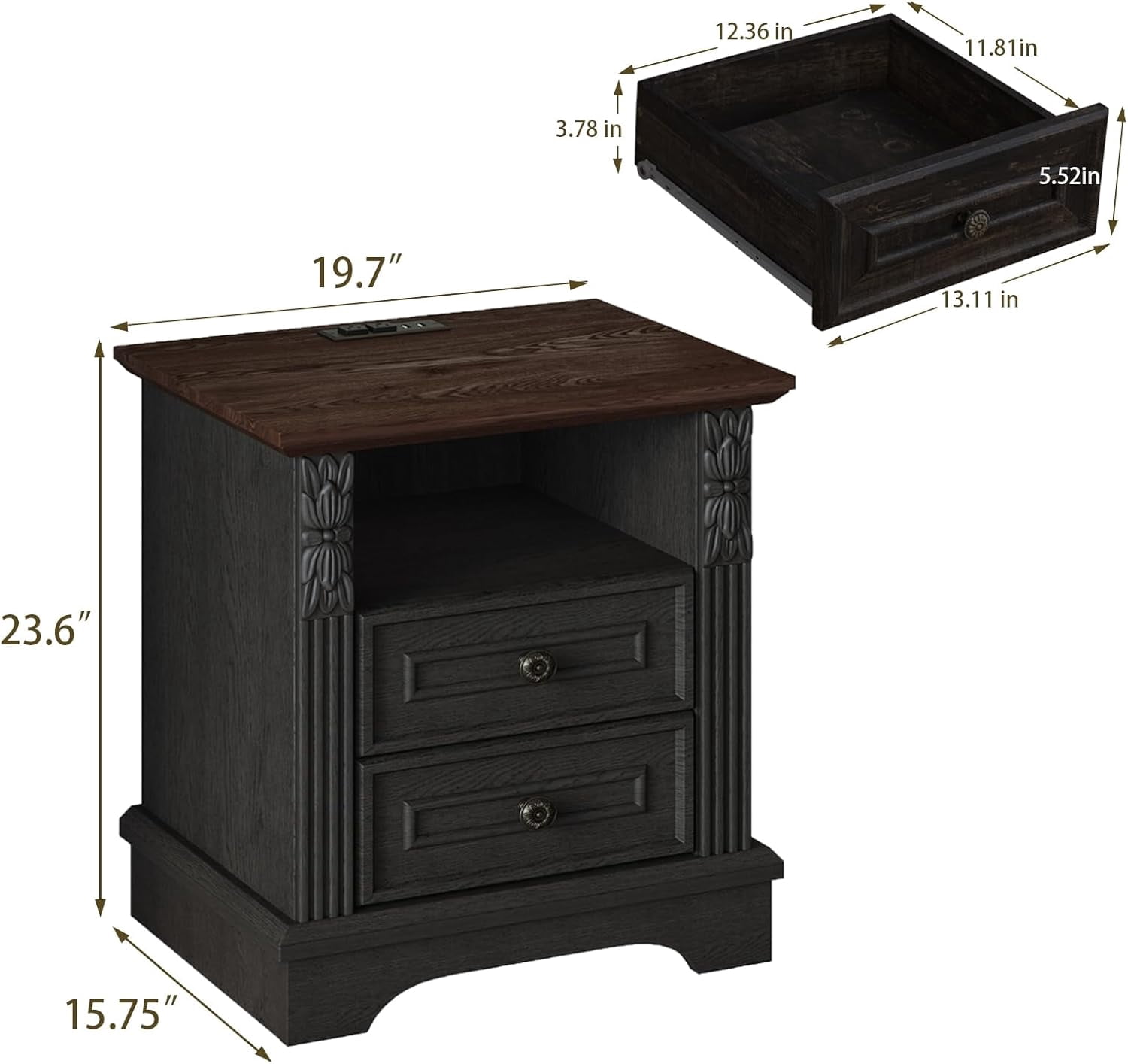 BOSHIRO Farmhouse Nightstand with Charging Station, Black & Brown Bedside End Table with Carved Pilasters, 2 Drawers and Open Shelf for Bedroom