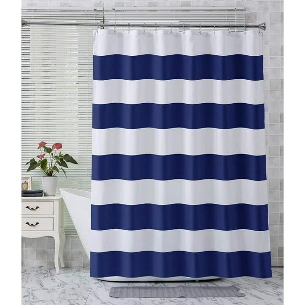 Cortina de ducha de tela, cortinas de ducha de tela de poliéster a rayas azul marino con 2 piedras transparentes resistentes, cortinas decorativas para baño de calidad de hotel, 72 x 72 pulgadas Adepaton CJWUS-1504