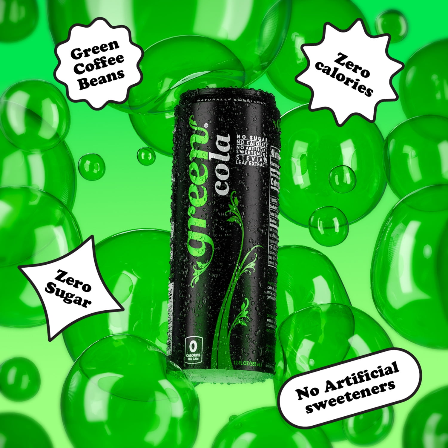 Green Cola Zero Calories Carbonated Soda, Cola Taste, 12 fl oz, 8