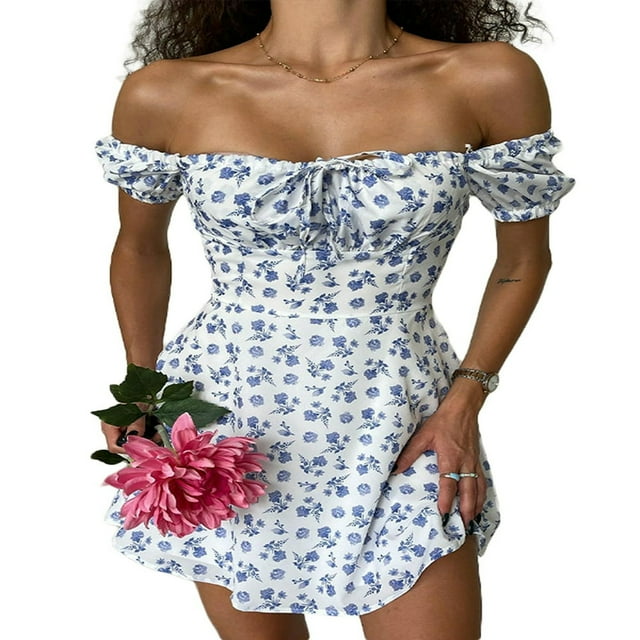 Women Floral Puff Sleeve Mini Dress Drawstring Ruched Square Neck A Line Summer Short Dress