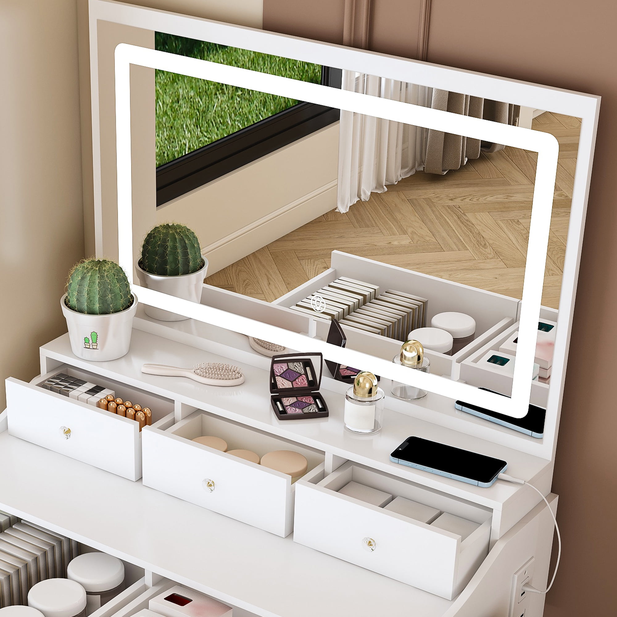 Jopath Large Makeup Vanity Set,Modern Mirror Vanity Desk with 5 Drawers,3 Lighting Color Adjustable Dressing Table for Bedroom,White