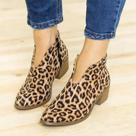 

Rewenti Women Mid Heel Shoes Winter Warm Leopard Fashion Side Zipper Pointed Toe Casual Solid Color Ankle Boots Brown 9.5(43)