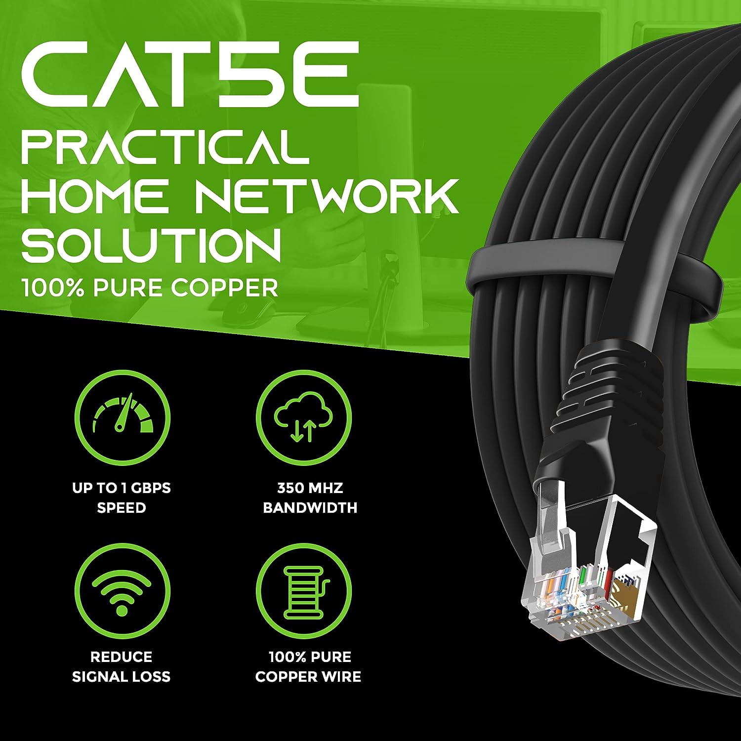 GEARit 24-Pack 3 ft Cat 5e Ethernet Cable Cord Snagless Copper UTP Network Patch Cable, Black