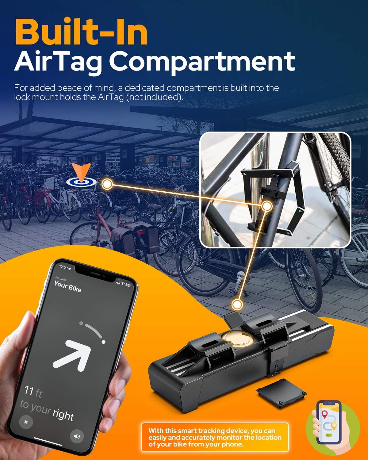 VICTGOAL Folding Bike Lock with Hidden Holder for AirTag, Heavy Duty Bike Locks with Keys, Foldable Bike Lock with Mount for Bicycle Ebike Scooter