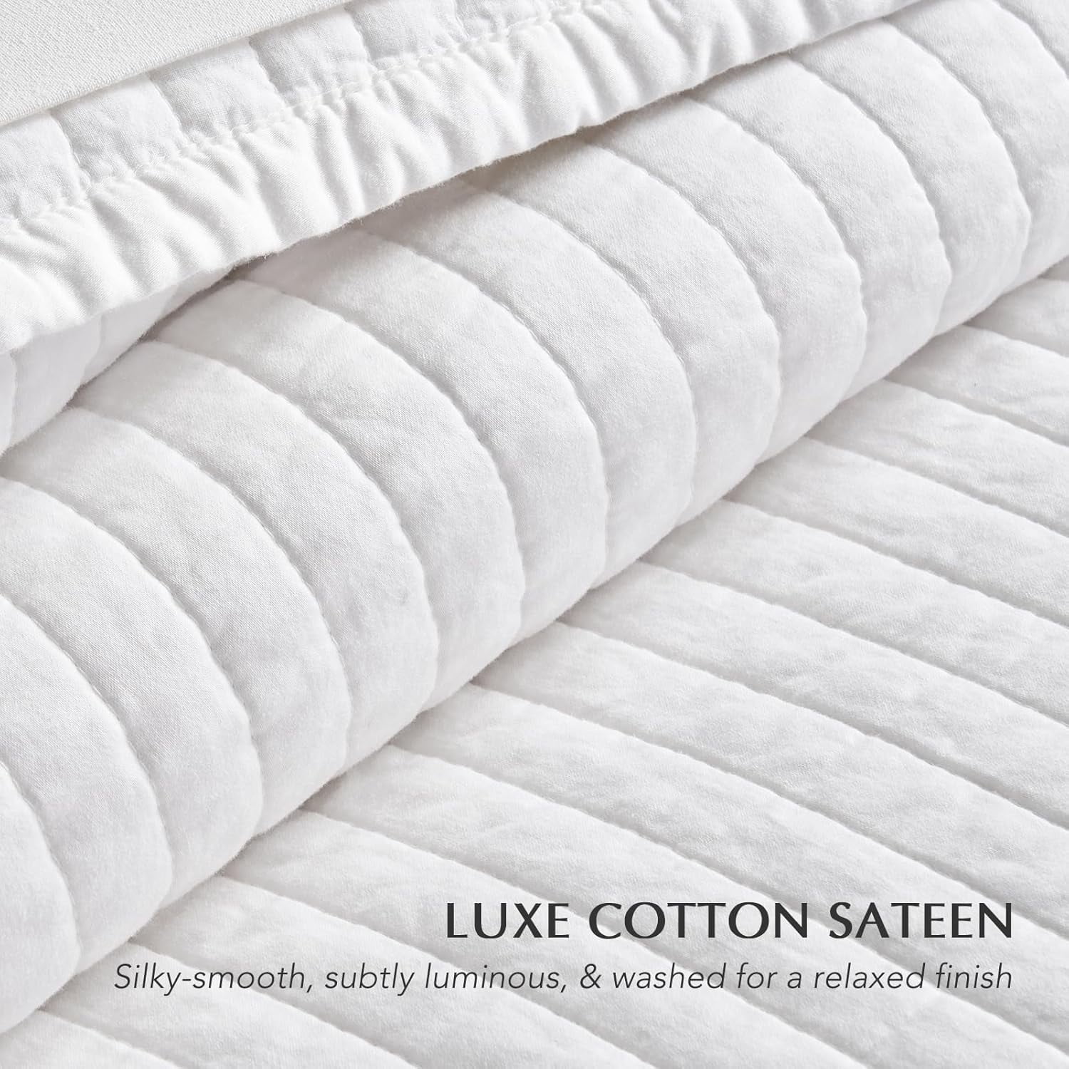 EVERGRACE Cotton Sateen Quilt Set Queen Size, Pre-Washed Cotton Channel Stitch Coverlet Bedspread, 3 Pieces Lightweight Soft Bedding Sets for All Season, with 2 Pillow Shams, Bright White