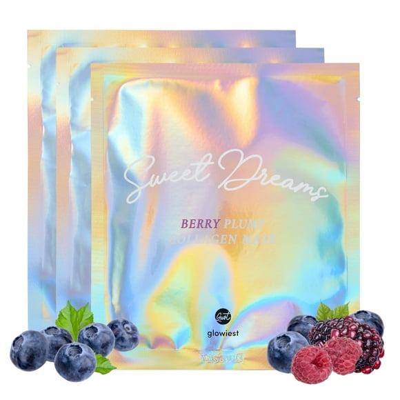 Glowiest Sweet Dreams Berry Plump Collagen Mask Juego de 3 mascarillas de gelatina de colágeno facial reafirmante e hidratante 79% colágeno elastina Ácidos hialurónicos Péptidos de ácido poliglutámico