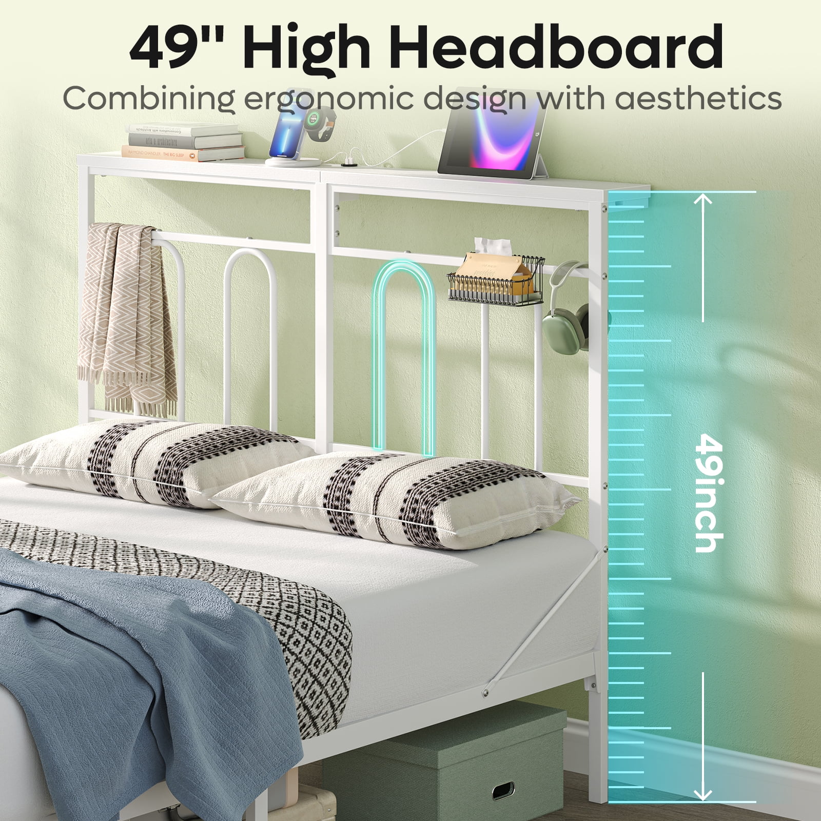 Pinmoco Queen Size Bed Frame with 49.2" High LED Storage Headboard Shelf, Metal Platform Bed with Charging Station, White