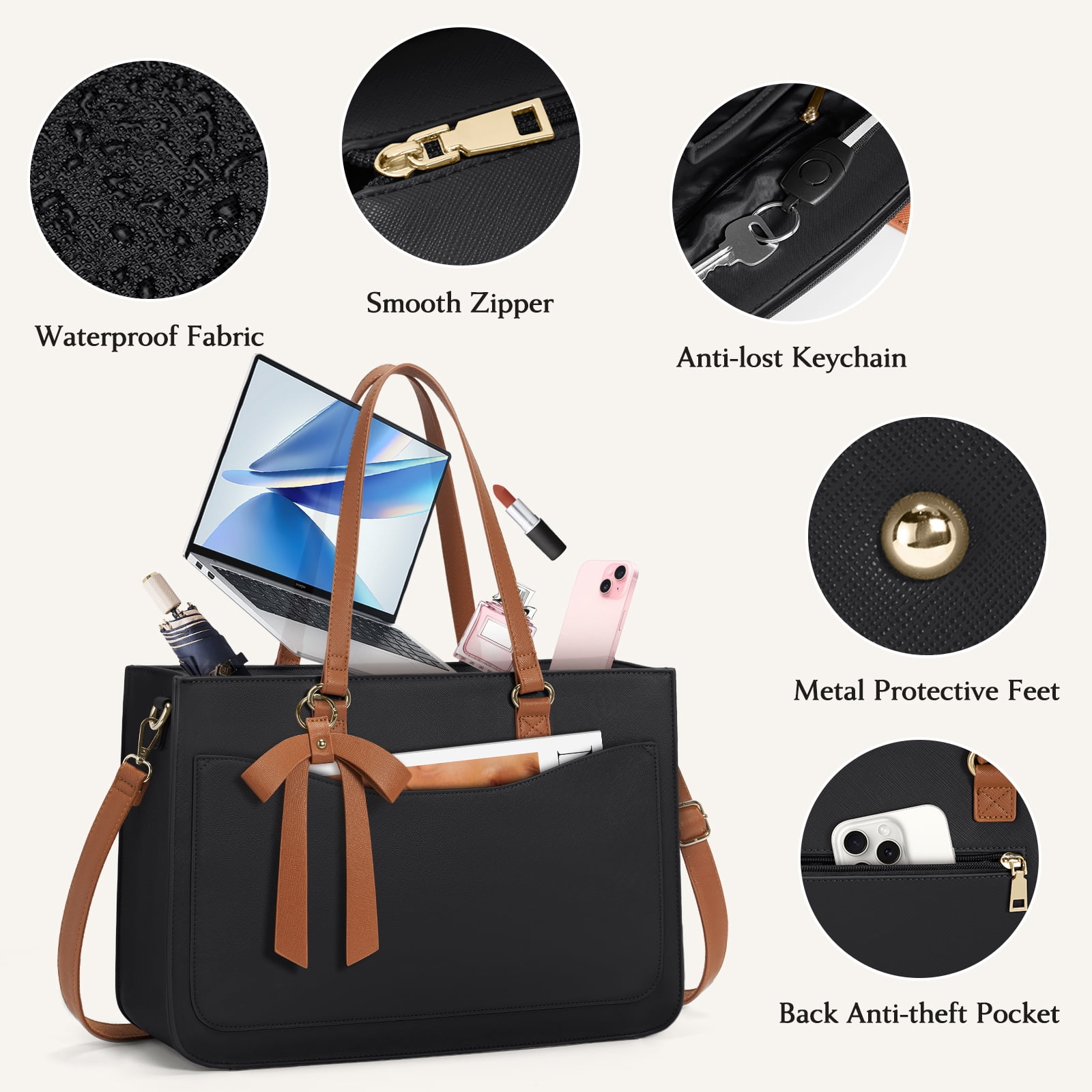 RAINSMORE Women's Handbag 15.6 Inch Leather Tote Bags Waterproof Laptop Briefcase Office Business Work Travel Handbag for College Teacher