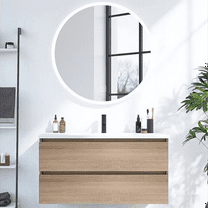 24" Wall Mounted Bathroom Vanity With Ceramic Sink, Floating Vanity Storage Cabinet With Round Mirror