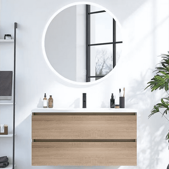 24" Wall Mounted Bathroom Vanity With Ceramic Sink, Floating Vanity Storage Cabinet With Round Mirror