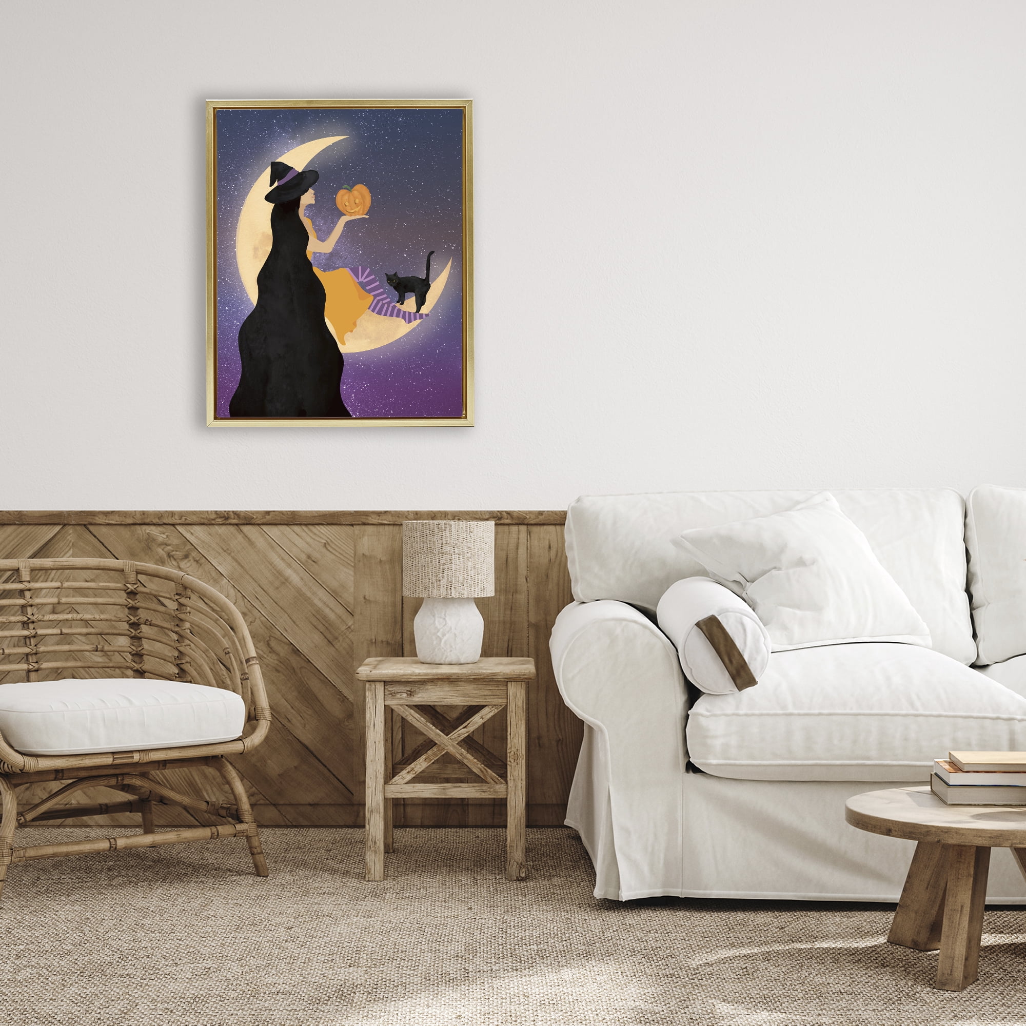 Stupell Industries Moonlit Witch Holding Jack-o-Lantern Gold Framed Floater Canvas Wall Art, design by Daniela Santiago