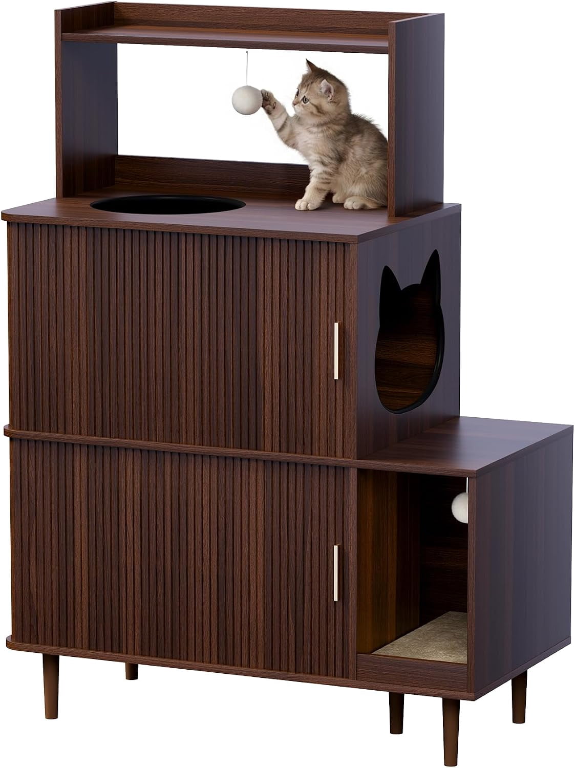 Cat Litter Box Enclosure Furniture with Sliding Door, Large 3-Tier Wood Cat House, Cat Scratch Pad & 2 Dangling Plush Balls, Brown