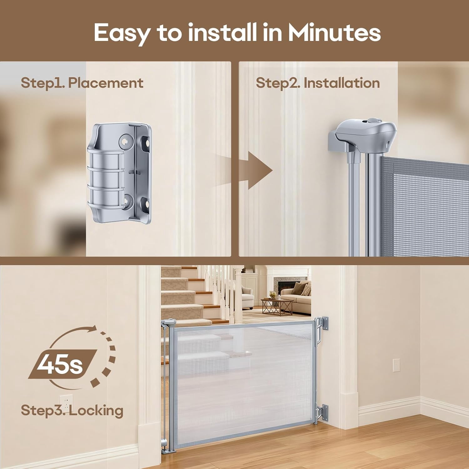 Retractable Safety Baby Gate or Mesh Dog Gate,Durable Portable Mesh Retractable Gate,Easy to Use for Stairs, Doorways, Hallways, Indoor, Outdoor, 33.5" Tall, Up to 45" Wide, Cream