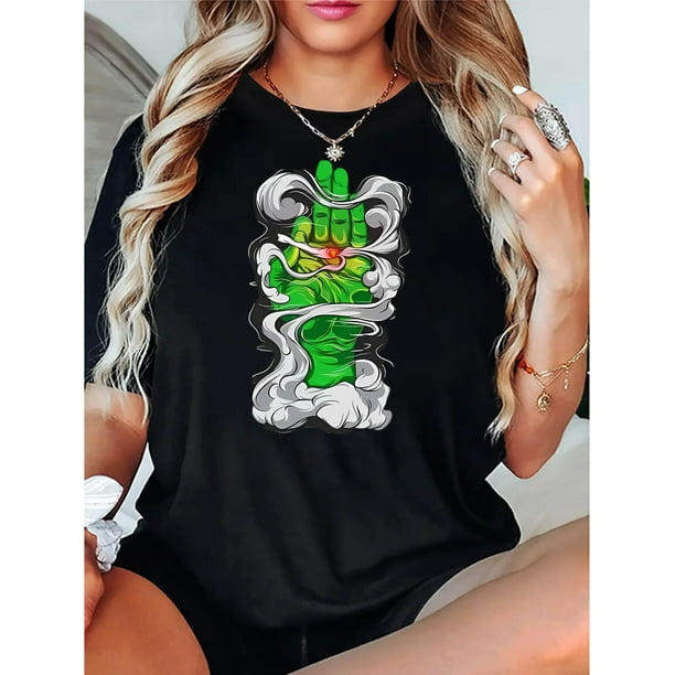 Camiseta De Mujer Verano Casual Mujer Básica Camiseta Para Deportes Callejeros PlayaCreative Smoke Green Palm Pattern Printed Women'S Trendy Round Neck Short Sleeve, Simple Casual Sports T-Shirt, Co