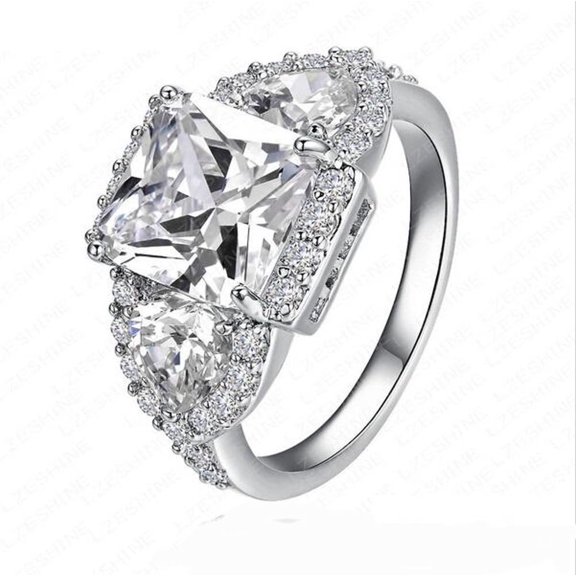 Womens 18K White Gold Plated 3 Stone Cubic Zirconia Cz Promise Eternity Ring Engagement Wedding Band Silver