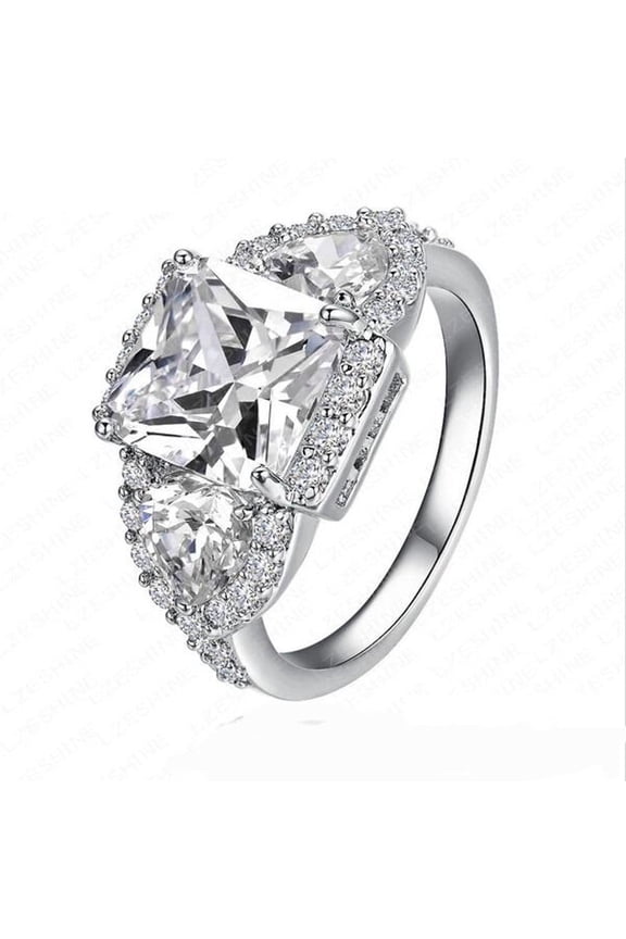 Womens 18K White Gold Plated 3 Stone Cubic Zirconia Cz Promise Eternity Ring Engagement Wedding Band Silver