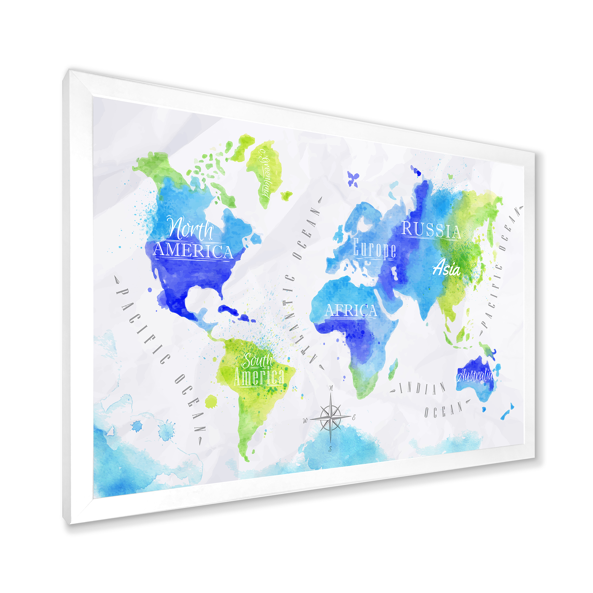 Designart 'World Map In Blue and Green' Modern Framed Art Print
