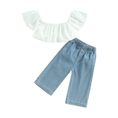 

Kids Girls Short Sleeve Short Crop Tops Denim Wide Leg Pants Children Casual Outfits Summer Toddler Jean Set 6 Months-5 Years