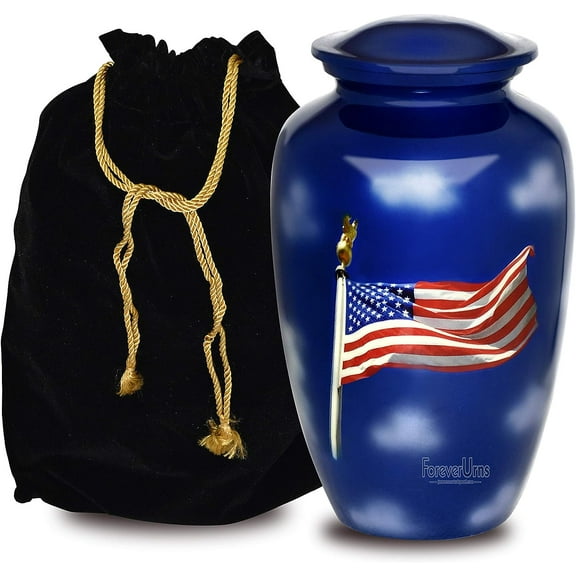 FOREVER URNS Adult Cremation Urn American Flag For Human Ashes, Handcrafted 220 Cu. In With Velvet Bag.