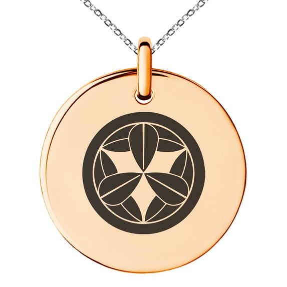 Stainless Steel Takenaka Samurai Crest Engraved Small Medallion Circle Charm Pendant Necklace