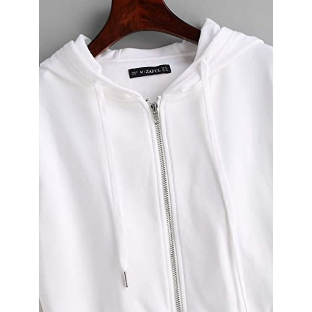 Women's Drawstring Zip Up Hoodie Sport Long Sleeve Crop Top Sweatshirts  Coat Jacket,White，L 