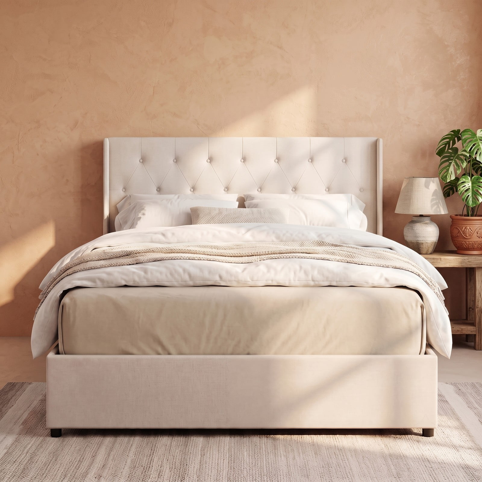 Furnibear Queen Bed Frame with Storage, Lift Up Storage Bed Frame with Tufted Wingback Linen Headboard and Wood Slat Support, Beige