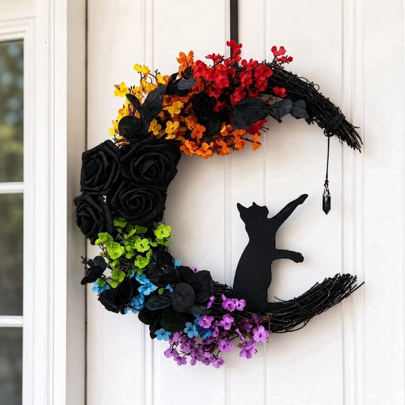 Circlecity Halloween Black Cat Wreath, 14.9" Colorful Crescent Moon Wreath with Artificial Flowers, Gothic Front Door Decor