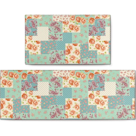 Pink Rose Floral Kitchen Rugs 2 Piece Set Non Skid, Washable Boho Rugs for Kitchen Floor Set of 2, Colorful Bohemia Flower Kitchen Mats and Rugs for Indoor,Hallway,Laundry