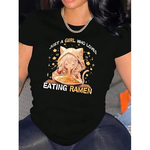 Camiseta de mujer verano Patrón de Corazón cuello redondoChic Noodle-Loving Girl Graphic Tee for Women - Casual Crew Neck Short Sleeve, Stretchy Polyester Blend, Machine Washable - Perfect Summer To