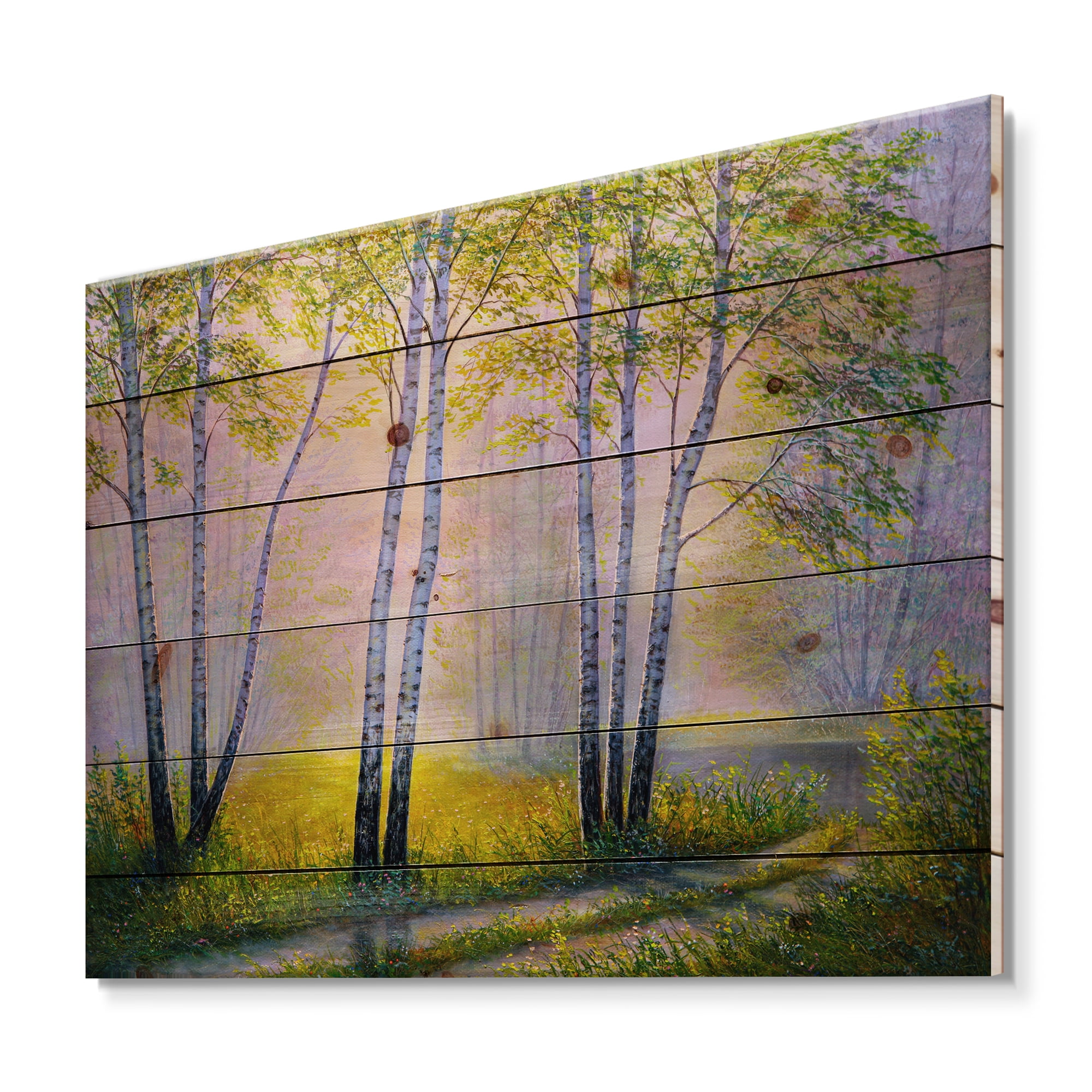 Designart 'Sunrise Glow Through The Birches I' Traditional Print on Natural Pine Wood