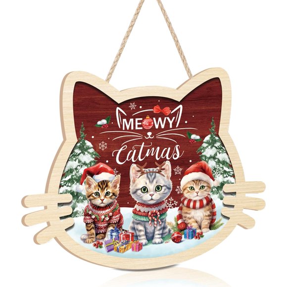 MISSUNNY Meowy Christmas Cat Decorations Indoor, Wooden Christmas Signs, Winter Snow Wall Art, Merry Xmas Decor, Happy Holiday Prints for Cat Lovers