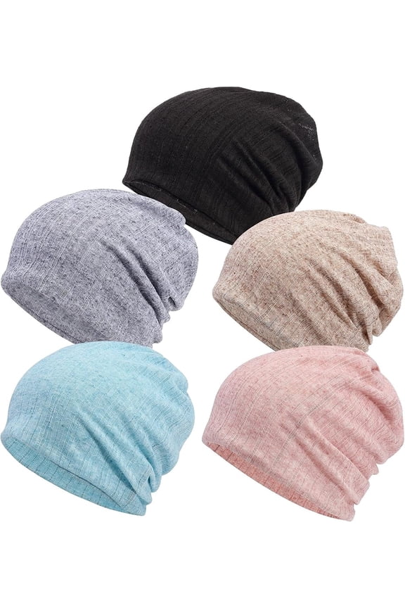 PHOGAY 5 Pack Chemo Headwear Turbans Cap, Women's Slouchy Beanie Chemo Hat Stretch Cancer Head Wraps Sleep Head Scarf for Cancer Patient, 5 Colors